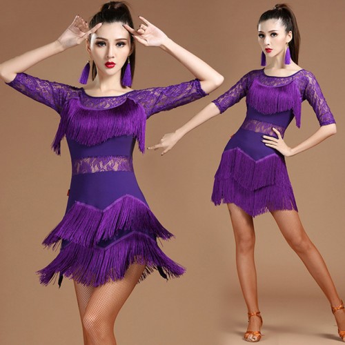 Women young girls black red fuchsia blue lace fringed Latin dance dresses latin rumba chacha performance dress for lady 